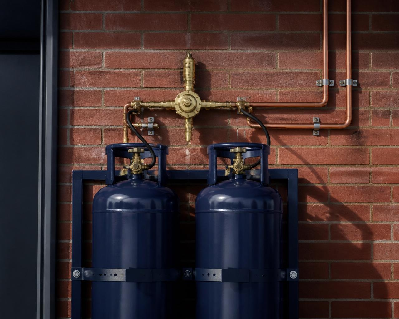 Commercial 19kg twin-pack LPG gas installation with brass regulators and copper piping on a brick wall