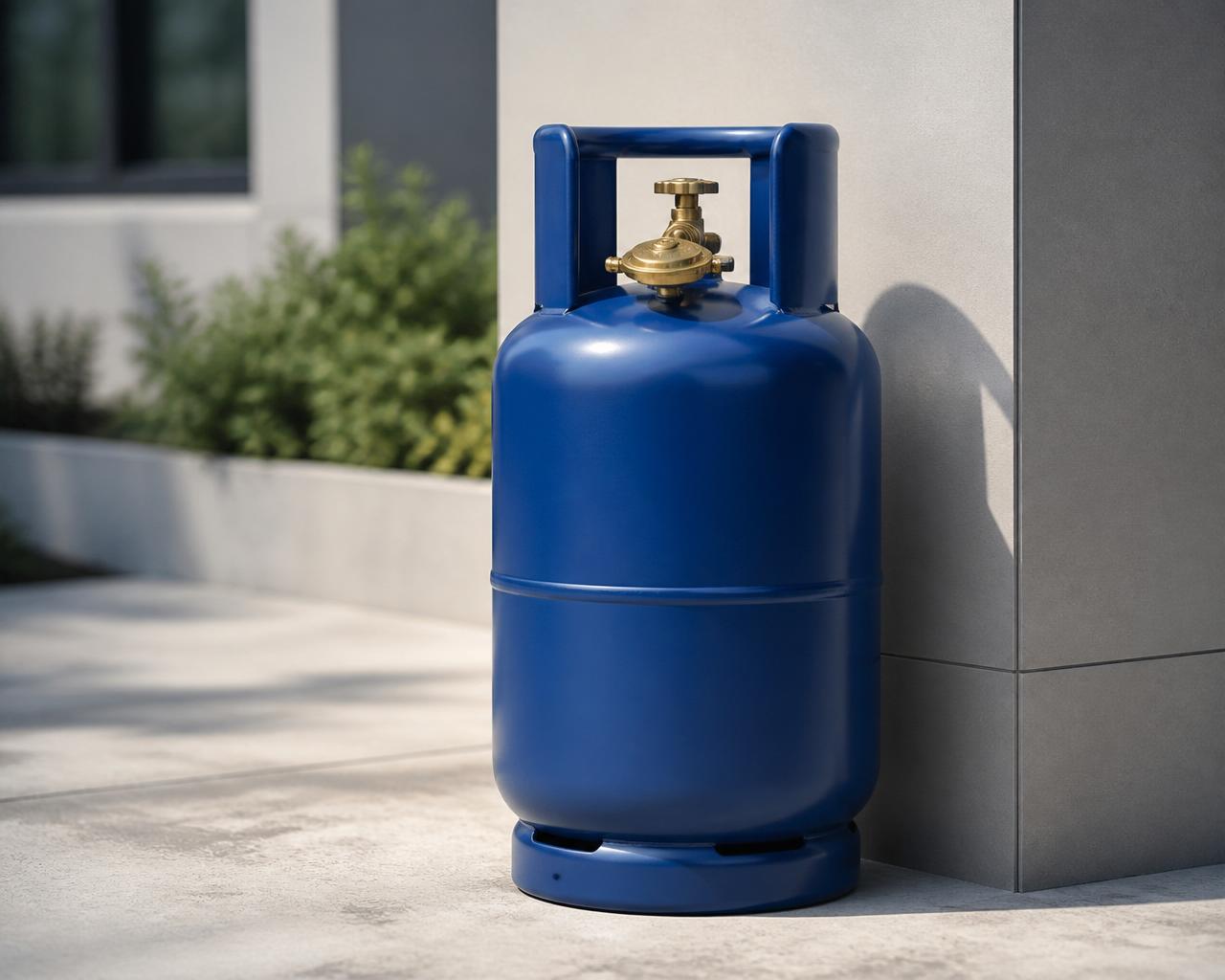 Standard 9kg residential blue LPG gas cylinder installed outside a modern home